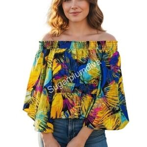 New York & Company Tropical Off the Shoulder Blouse MEDIUM Colorful Vacation